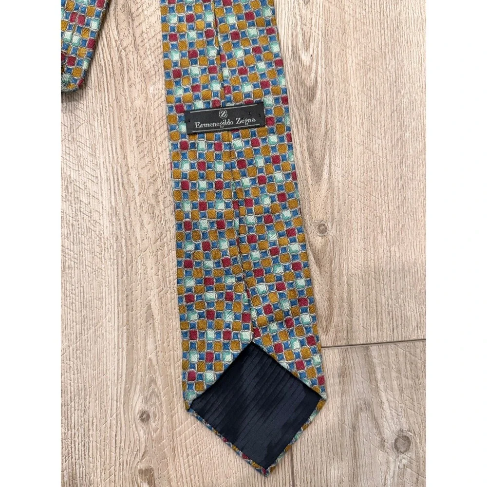 Ermenegildo Zegna Mens Silk Tie Geometric Mosaic Gold Burgundy Teal Italy 57 in